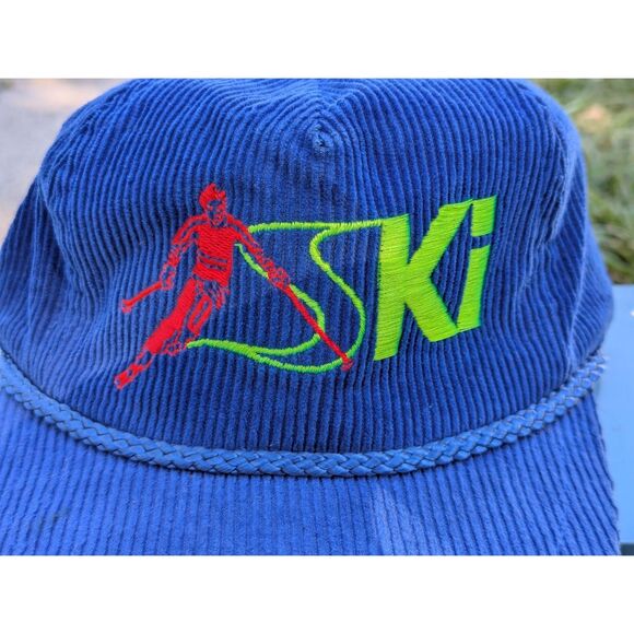 VTG Corduroy Ski Trucker Hat OS Retro Colorful Embroidered Bump Bonnetts Blue - Picture 3 of 11
